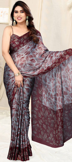 Black and Grey color Saree in Chiffon fabric with Floral, Printed work