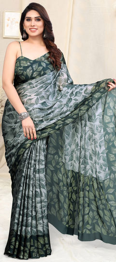 Black and Grey color Saree in Chiffon fabric with Floral, Printed work