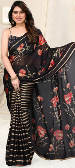 Casual, Party Wear Black and Grey color Saree in Chiffon fabric with Classic Floral, Printed work : 1926446