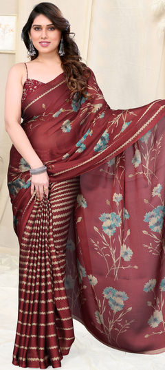 Casual, Party Wear Red and Maroon color Saree in Chiffon fabric with Classic Floral, Printed work : 1926449