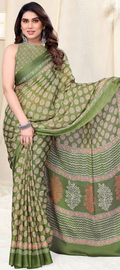 Green color Saree in Chiffon fabric with Block Print work