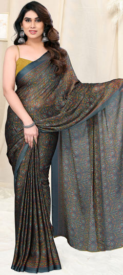 Black and Grey color Saree in Chiffon fabric with Printed work