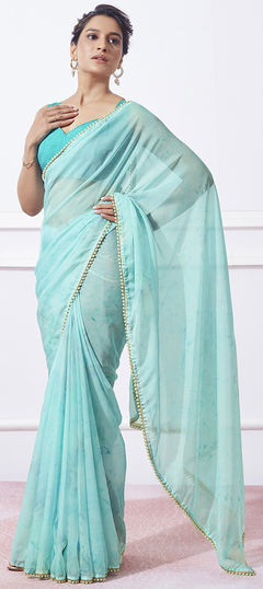 Party Wear, Traditional Blue color Saree in Organza Silk fabric with Classic Lace, Printed work : 1926508