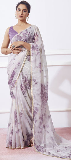 White and Off White color Saree in Organza Silk fabric with Lace, Printed work