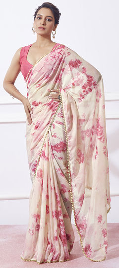 White and Off White color Saree in Organza Silk fabric with Lace, Printed work