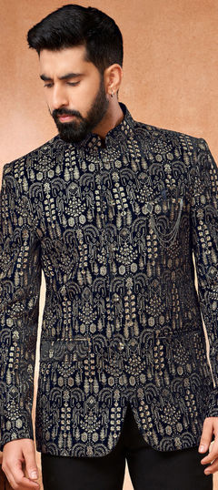 Beige and Brown, Blue color Nehru Jacket in Velvet fabric with Embroidered, Thread work