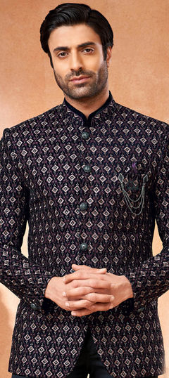 Blue, Pink and Majenta color Nehru Jacket in Velvet fabric with Embroidered, Thread work