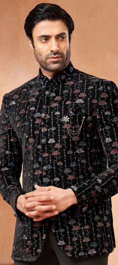 Black and Grey color Nehru Jacket in Velvet fabric with Embroidered, Thread work