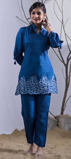 Casual, Summer Blue color Co-ords Set in Muslin fabric with Pleats, Sequence work : 1926604