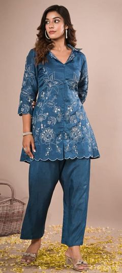 Casual, Summer Blue color Co-ords Set in Muslin fabric with Embroidered, Resham, Thread work : 1926606