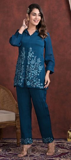 Blue color Co-ords Set in Muslin fabric with Embroidered, Resham, Thread work