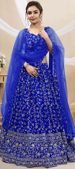 Blue color Lehenga in Georgette fabric with Embroidered, Sequence, Thread, Zari work