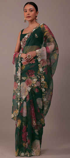 Festive, Party Wear, Traditional Green color Saree in Organza Silk fabric with Classic Cut Dana, Embroidered work : 1926744