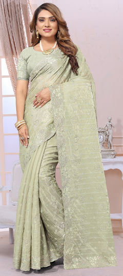 Green color Saree in Shimmer fabric with Embroidered, Resham, Stone, Zari, Zircon work