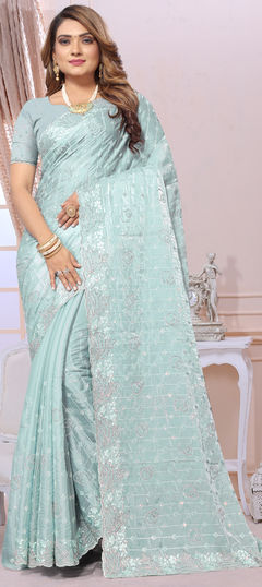 Blue color Saree in Shimmer fabric with Embroidered, Resham, Sequence, Stone, Zari, Zircon work