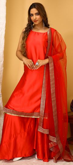 Red and Maroon color Salwar Kameez in Art Silk fabric with Lace work