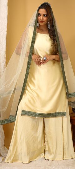 Beige and Brown color Salwar Kameez in Art Silk fabric with Lace work