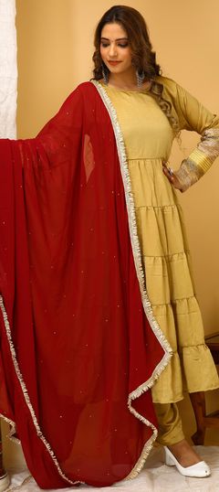Beige and Brown color Salwar Kameez in Art Silk fabric with Thread work
