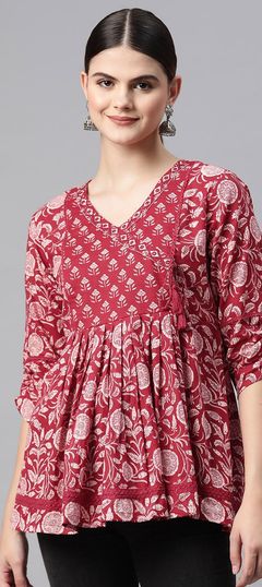 Red and Maroon color Tops and Shirts in Cotton fabric with Printed, Resham, Thread work