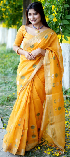 Yellow color Saree in Linen fabric with Weaving, Zari work