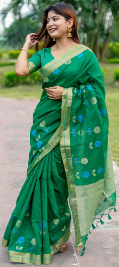 Green color Saree in Linen fabric with Weaving, Zari work