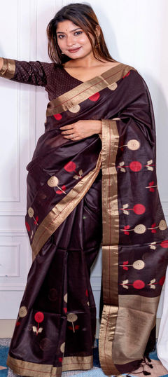 Beige and Brown color Saree in Linen fabric with Weaving, Zari work