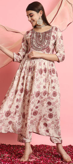 Beige and Brown color Salwar Kameez in Rayon fabric with Floral, Printed, Resham work