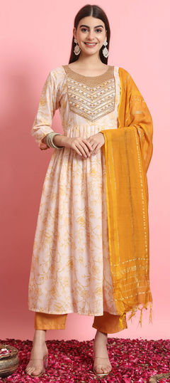 Beige and Brown color Salwar Kameez in Rayon fabric with Embroidered, Floral, Printed, Resham work