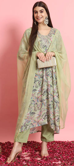 Green color Salwar Kameez in Georgette fabric with Embroidered, Floral, Printed, Thread work