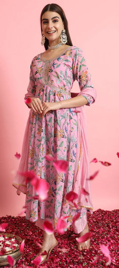 Pink and Majenta color Salwar Kameez in Georgette fabric with Embroidered, Floral, Printed, Thread work