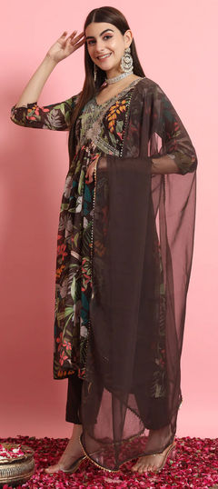 Beige and Brown color Salwar Kameez in Georgette fabric with Embroidered, Floral, Printed, Thread work