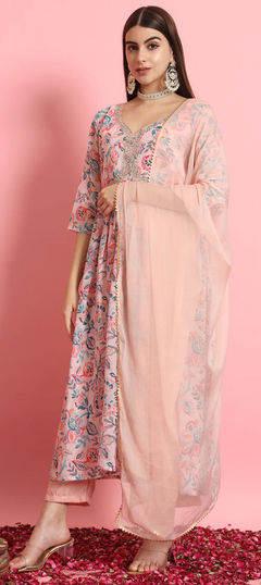 Pink and Majenta color Salwar Kameez in Georgette fabric with Embroidered, Floral, Printed, Thread work