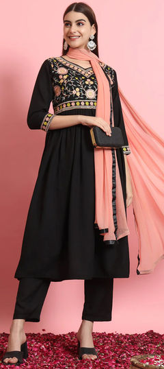 Black and Grey color Salwar Kameez in Rayon fabric with Embroidered, Resham, Thread work