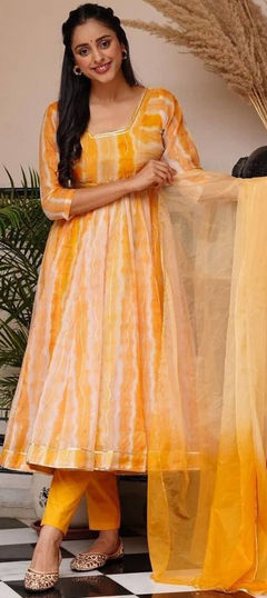 Yellow color Salwar Kameez in Organza Silk fabric with Gota Patti, Printed work