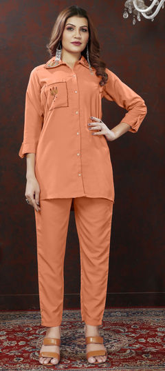 Orange color Co-ords Set in Cotton fabric with Mirror, Resham, Thread work