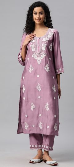 Purple and Violet color Salwar Kameez in Muslin fabric with Embroidered, Resham, Sequence, Thread work