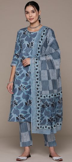 Festive, Summer Black and Grey color Salwar Kameez in Cotton fabric with Straight Printed, Sequence work : 1927110