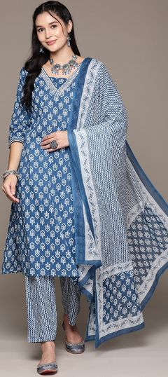 Blue color Salwar Kameez in Cotton fabric with Cut Dana, Printed, Sequence work