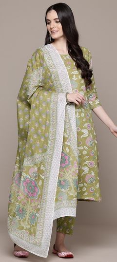 Festive, Summer Green color Salwar Kameez in Cotton fabric with Straight Printed, Sequence, Thread work : 1927115