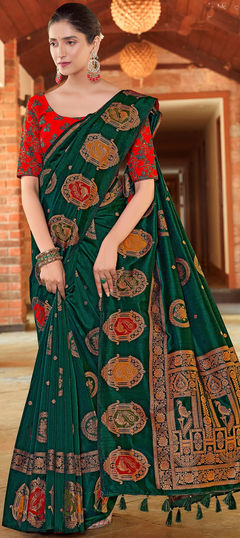 Green color Saree in Silk fabric with Weaving, Zari work