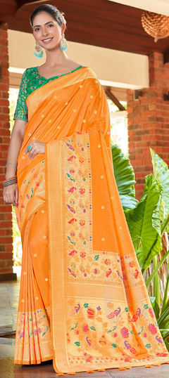 Orange color Saree in Silk fabric with Weaving, Zari work