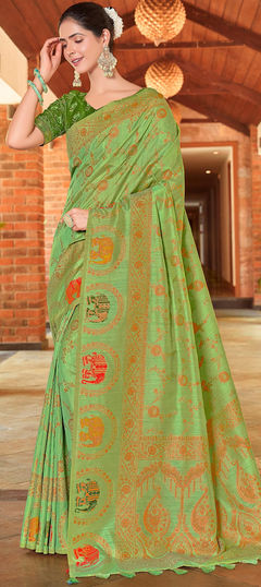 Green color Saree in Silk fabric with Weaving, Zari work