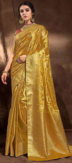 Bridal, Wedding Gold color Saree in Banarasi Silk fabric with South Weaving, Zari work : 1927186