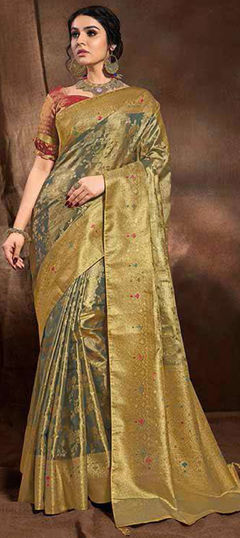 Black and Grey, Gold color Saree in Banarasi Silk fabric with Weaving, Zari work