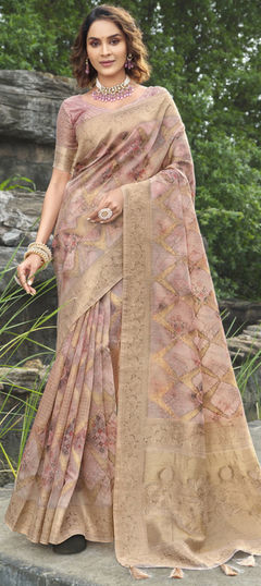 Pink and Majenta color Saree in Chanderi Silk, Silk fabric with Weaving, Zari work