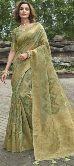 Green color Saree in Chanderi Silk, Silk fabric with Weaving, Zari work