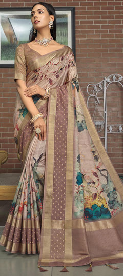 Pink and Majenta color Saree in Chanderi Silk, Silk fabric with Gota Patti, Printed work