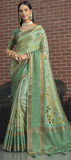 Green color Saree in Chanderi Silk, Silk fabric with Gota Patti, Printed work