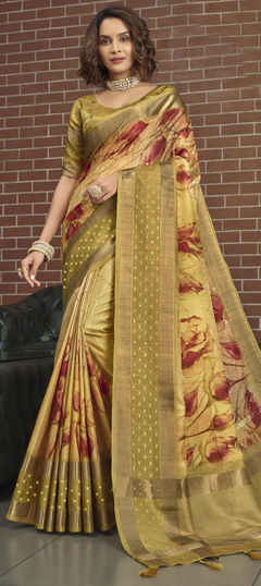 Gold color Saree in Chanderi Silk, Silk fabric with Gota Patti, Printed work