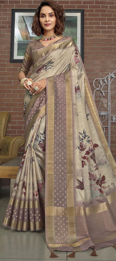 Black and Grey color Saree in Chanderi Silk, Silk fabric with Gota Patti, Printed work